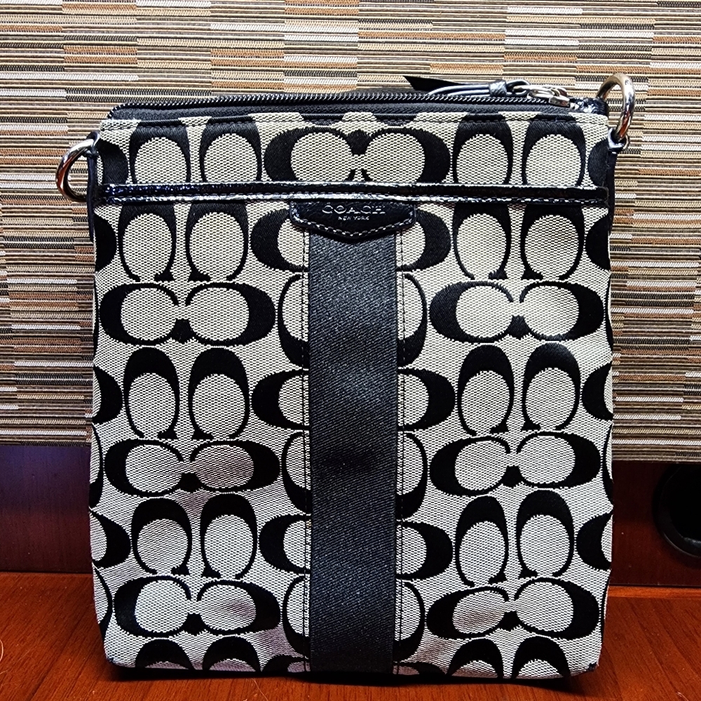 Coach Signature Black Grey Canvas Slingback Crossbody Bag Designer Luxury
